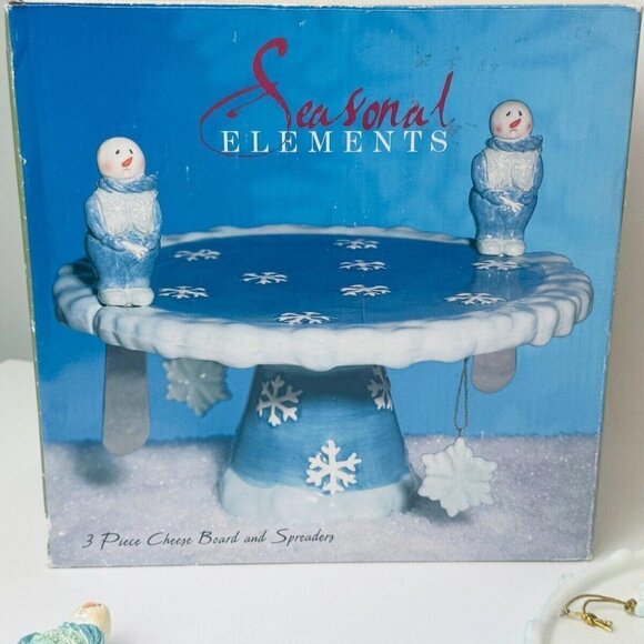 Holiday Snowman Cheese Board 2 Snowman Spreaders Seasonal Elements w/box READ! - Picture 5 of 12